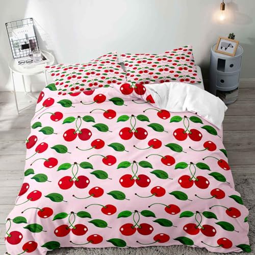 LUVIVIHOME 3PCS Cute Red Cherry Duvet Cover Full Bedding Set, Pink Duvet Cover, Girly Preppy Coquette Bedding, Kawaii Fruit Green Leaves Kids Teens Girls Comforter Cover, Bed in a Bag, 2 Pillow Cases