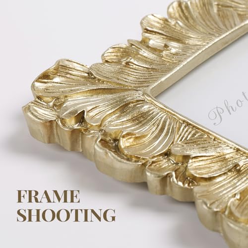 Small Gold Picture Frame 3x5 Frames, Vintage Gold Palm Leaves Textured Hand-Crafted Resin with Glass Front Elegant Retro Vintage Design Photo Frame for Wall and Tabletop Display Home Decor