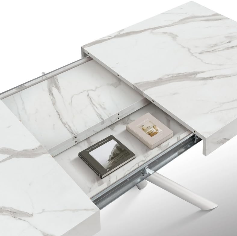 KONTE.DESIGN Tavolo CARRARA in legno, finitura bianco statuario e gambe in metallo bianco, allungabile 160x90 cm - 240x90 cm