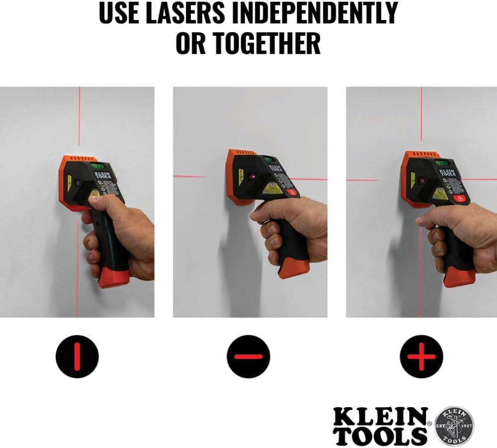 Klein Tools ESF150LL Electronic Stud Finder with Cross-Line Lasers, Bubble Level, Laser Class 3R; ≤5mW; 15-Foot in All Directions, for Wood and Metal Studs, LED and Audio Alert, Batteries Included