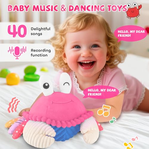 Image of Pink Crawling Crab Baby Toy, Interactive Musical Plush Toy for 6-36 Months | 40 Songs & Voice Recorder, Encourages Crawling & Movement, Soft cuddly design, USB Rechargeable, Sensory Infants Gift