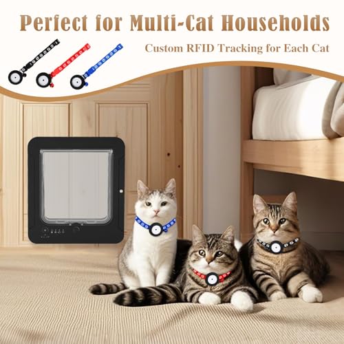 Smart Cat Door for Interior & Exterior, Flap Opening is 7.67’’ (H) by 7'' (W), RFID Cat Pet Door with 3 RFID Collar Sensor Keys & 1 Remote & 4 Way Locking Cat Flap, Automatic Opening Cat Door (Black) - Image 3