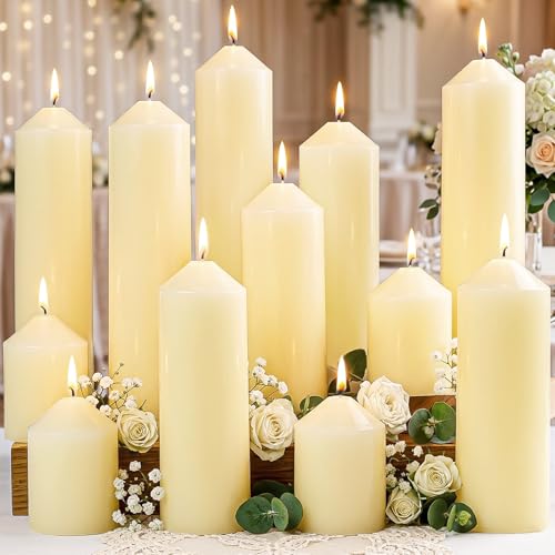 12 Packs Ivory Pillar Candles for Centerpiece, 2x3 2x6 2x8 Inch, Classic Unscented Wedding Candles for Hurricane, Dripless and Smokeless Candles for Party, Home Decor, Mantels by ugbem - Used condition - US$33.59