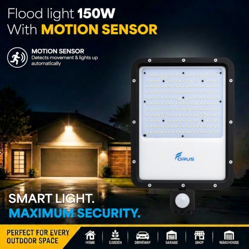 Image of Forus 150W LED Flood Light Yellow with Motion Sensor Auto On Off Day Night Mode Waterproof Outdoor Security Light for Garden Parking Factory Warehouse Shop High Bright Floodlight 4Yr Warranty-1Pc