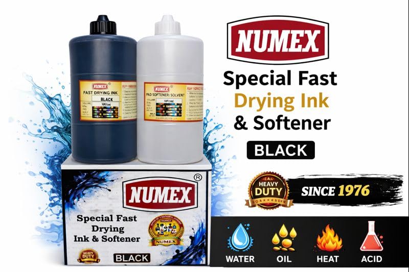 Image of NUMEX Black Batch Printing Ink & Softener Combo | 1000 ml Pack | Fast Drying Formula | for Manual Batch Coding Machines | Suitable for Packaging Use