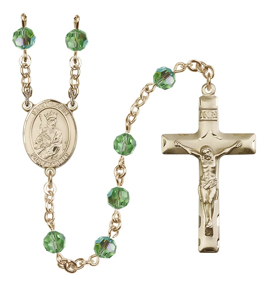 14k Gold 6mm Austrian Crystal Saint Louis Rosary in August Green