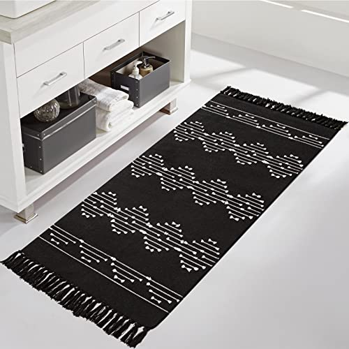 Agelmat Boho Runner Rugs 2' X 5' Woven Cotton Black Bathroom Runer With Tassel Moroccan Beside Rug Washable Bath Mat Indoor Outdoor Carpet For Kitchen Bathroom Entry Laundry #TOP4