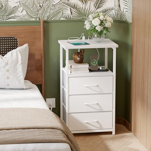 White Nightstand with Charging Station and Fabric Drawers for Bedroom