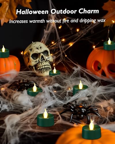 Image of merrynights Green LED Candles, 24 Pack Tea Lights Candles Battery Operated, Flameless Tealight Candle, Realistic Tea Lights for Halloween Christmas Party Decor Mardi Gras