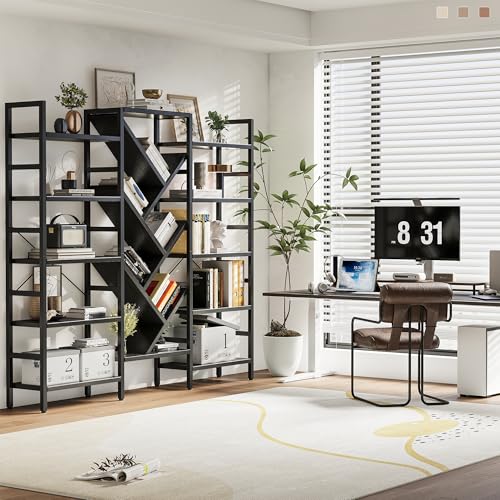 INNOD 70x70” Triple 5 Tier Book Shelf, Large Wooden Bookcase with 17 Open Display Shelf, Modern Tree Bookshelf Metal Frame Tall Book Case Furniture for Living Room Bedroom Home Office Black - Thumbnail 7