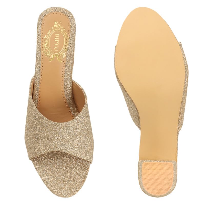 Image of DIPYO Women's Stylish Golden Block Heel Slip-On Open-Toe Sandals Comfortable & Fashionable For Wedding & Party