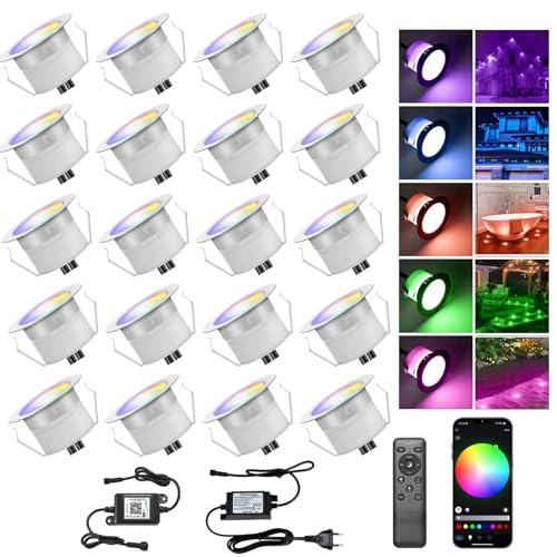 20er Set LED Bodeneinbauleuchten Aussen RGBW Ø45mm WiFi Terrasse Einbaustrahler, Led Terrassenbeleuchtung Boden Licht mit Fernbedienung, wasserdicht...