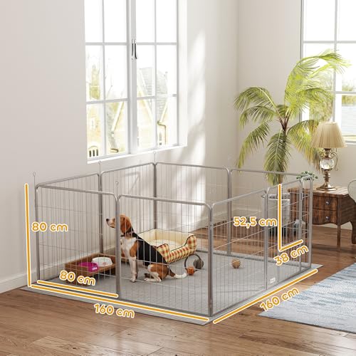 PawHut Welpenlaufstall 8-TLG Welpenauslauf mit 8 Gitterplatten Tür Erdspießen flexibel Schutzplane Freilaufgehege 80 cm hoch Hundelaufstall Laufstall Für Hund Katze Welpe Laufgitter für draußen