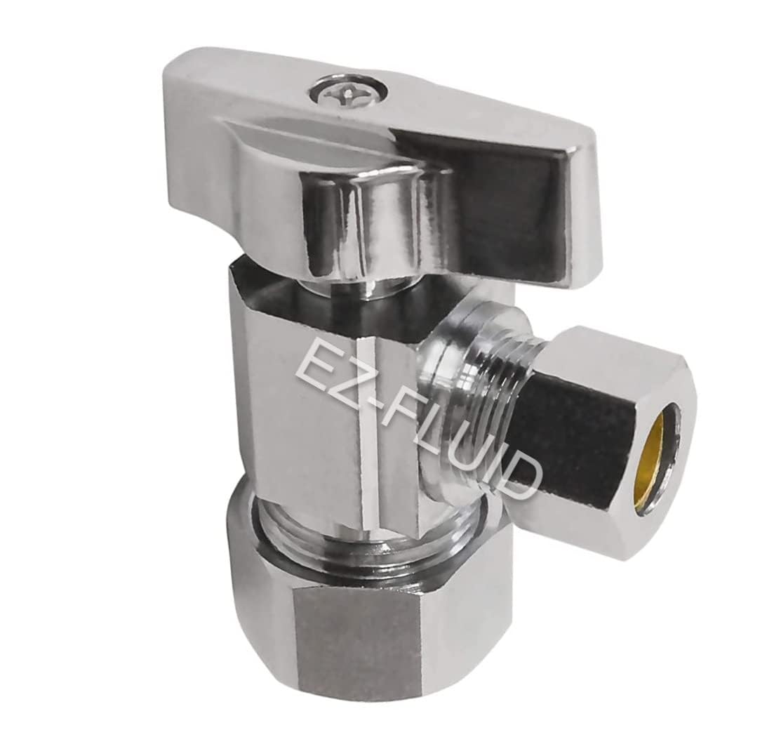 (1) EZ-Fluid Heavy Duty 1/2" Nom. (5/8" OD Comp) x 3/8" OD Comp Angle Stop Valve,1/4 Turn Handle,Chrome Brass Water Shut Off Ball Valve For Water Pipes,Bathroom,Kitchen