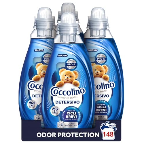Coccolino Wonder Wash, Detersivo Lavatrice Liquido, Odor Protection, Efficace nei Cicli Brevi da 15 Minuti, Anche a Freddo, con Agenti Anti Odore, Pulizia Profonda, 37 Lavaggi, 4 Pezzi da 1480 ml