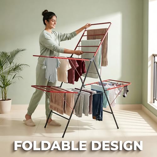 Image of Minky Extra Large Heavy Duty Cloth Drying Stand | 56-Inch Wide Multi-Wing Foldable Clothes Airer | 24 Rods High Load Bearing Metal Rack with Powder-Coated Rust Resistance
