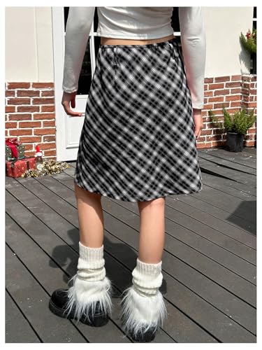 MakeMeChic Women's Plaid Midi Skirt Embroidery Ruffle A Line Knee Length Y2K Skirts2