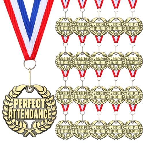 Kenning 30 Pcs 2 Perfect Attendance Award Medals Bulk Gold Winner Trophy Award with Neck Ribbons Metal Prize Gift for Adults Graduation Participation Competitions