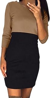 NHNKB Women's Knee-Length Round Neck Long Sleeve Dress Fashion Colour Block Medium Length Slim Cut Casual Dress Women's Summer Dresses Knee-Length with Sleeves Summer Dress Women's Short, a, L