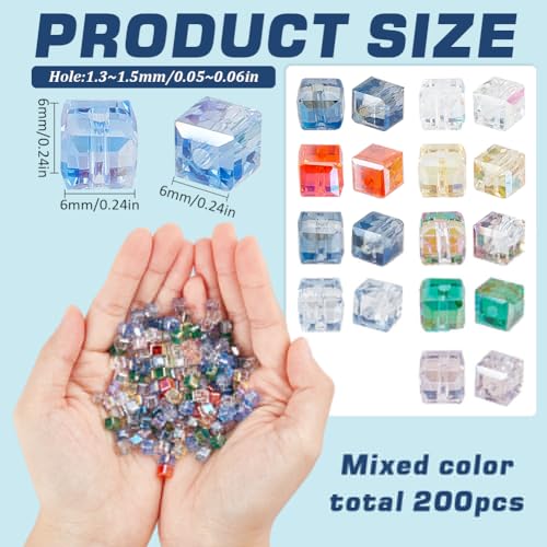 SUNNYCLUE 1 Box 200Pcs Mix Colors 6MM Square Glass Beads Cube Crystal Beads Clear Loose Colorful Faceted Transparent Spacer Bead for Jewellery Making Bead Assortments DIY Bracelets Necklace Crafts - Image 2