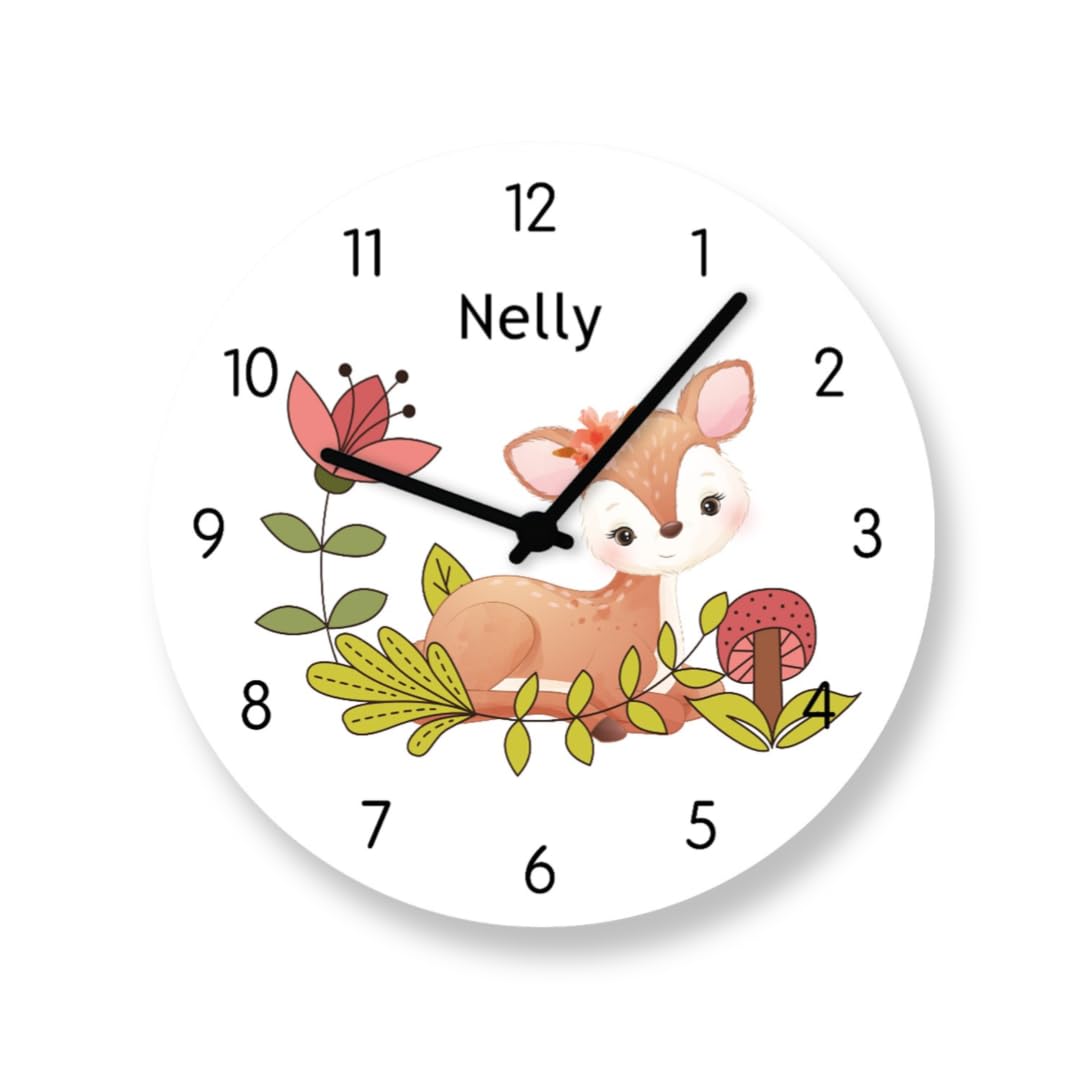 Kinderzimmer Uhr REH Kinder Wanduhr Waldtier Blumen mit Name Babygeschenk Geburt Mädchen Geschenk