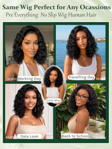 Image of KLAIYI Side Part Bob Water Wave Glueless 6x4 Lace Front Wigs Human Hair 14 inch