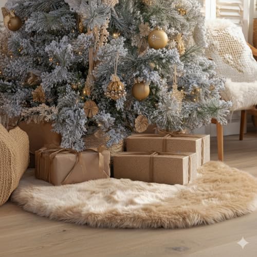 AISENO 48 Inch Christmas Tree Skirt - Beige Faux Fur Plush Holiday Decor for Xmas Tree, Festive Party, Home Decorations