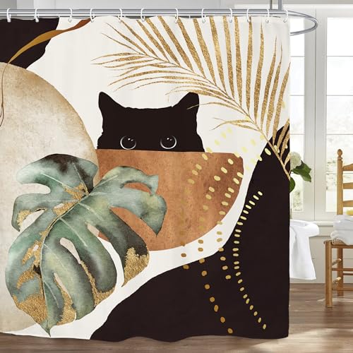 Yookeb Abstract Mid Century Bathroom Shower Curtain 60W by 71H Inch Cat Vintage Minimalist Plant Monstera Brown Aesthetic Polyester Fabric 12 Plastic Hooks Waterproof Decor by Yookeb - Used condition - Image 7