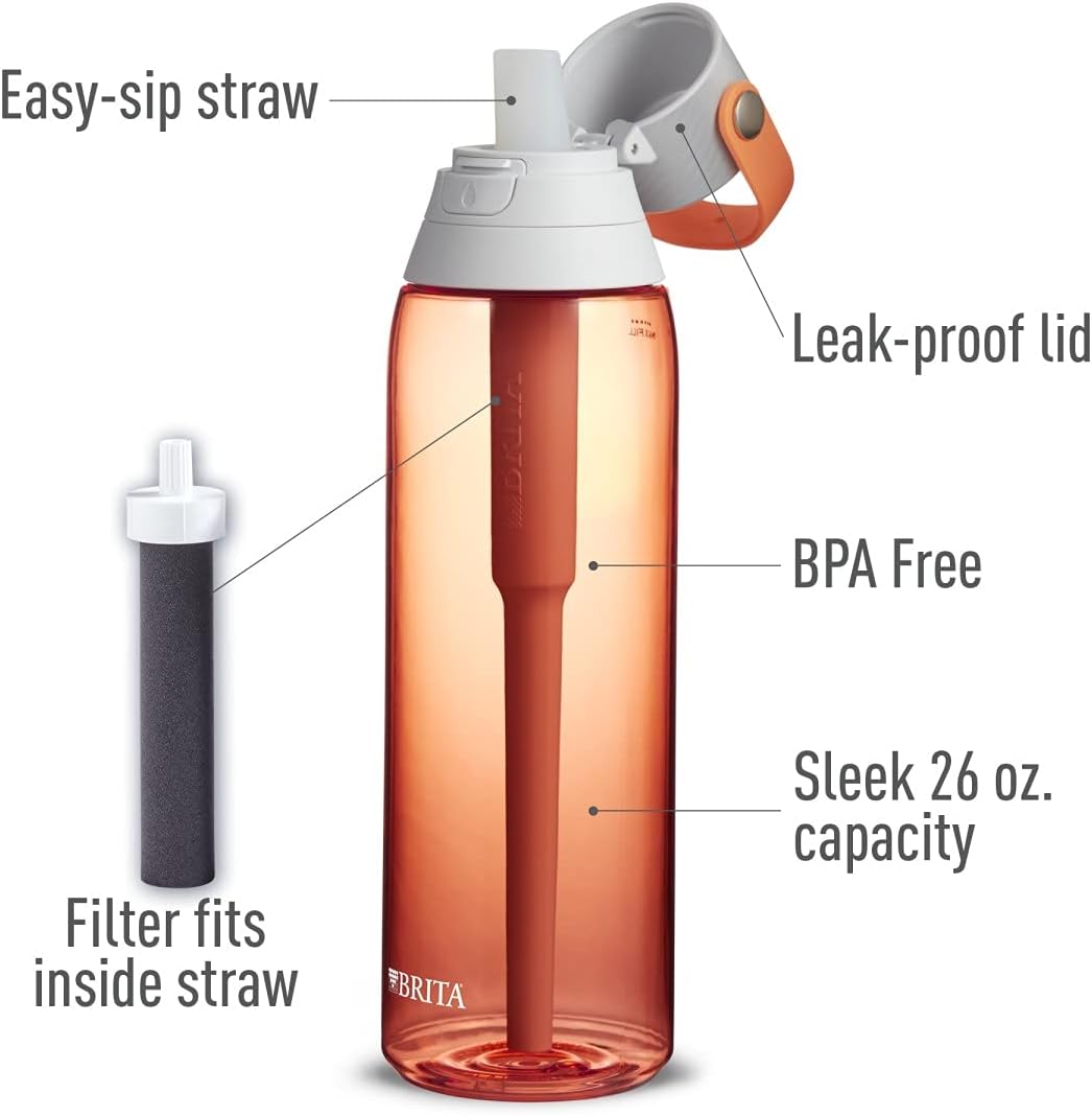 Brita Plastic Water Filter Bottle, Coral, 26 Ounce, 1 Count