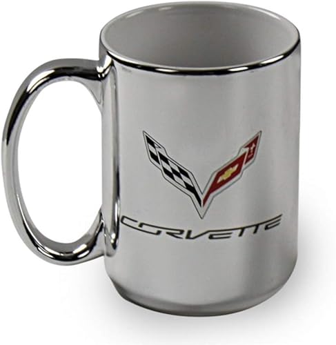 C7 Corvette Stingray Taza de café Plata 15 oz Taza de cerámica con logotipo de banderas cruzadas