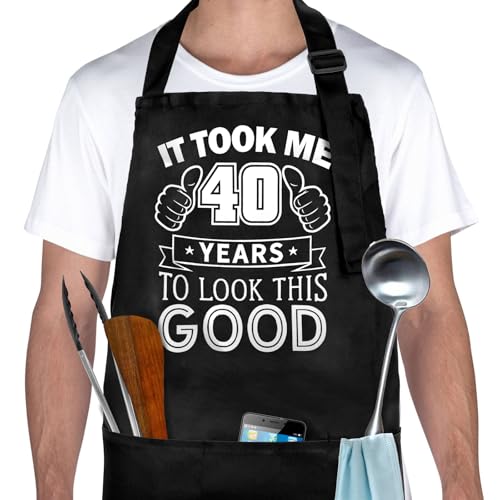 GADITIEK 40th Birthday Gifts For Men Women, Black Apron With 3 Pockets, Funny 40th Birthday Gift Ideas, Adjustable BBQ Apron For Men Women, Waterproof Kitchen Apron For Grilling, Cooking