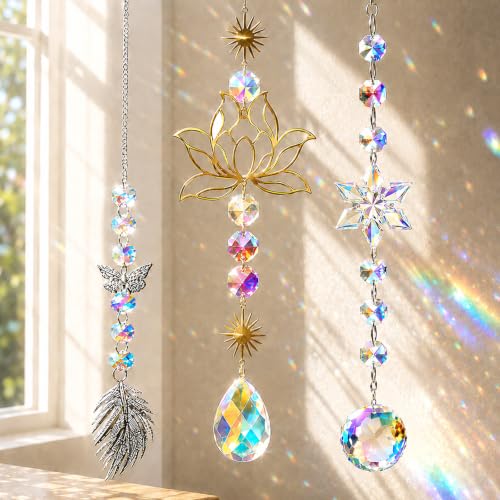Image of 3 PCS Sun Catcher, Crystal Glass Hanging Pendants Rainbow Maker Suncatcher Ornaments for Home Garden Patio Indoor Outdoor Decoration Wind Chime Style Prisms for Windows Curtains