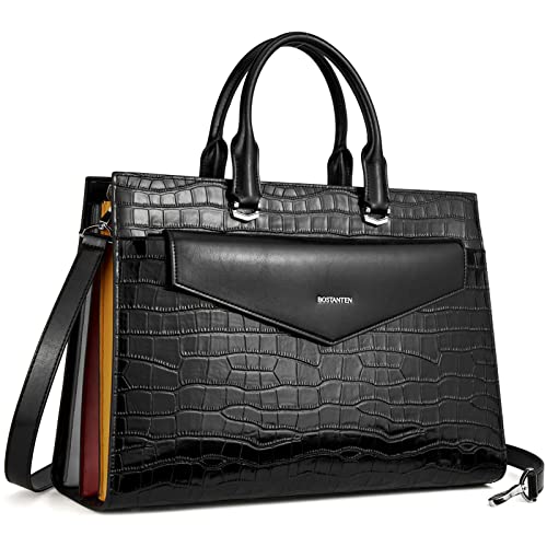 BOSTANTEN Laptop Briefcase for Women 15.6 Inch Tote Bag Genuine Leather Handbag Crocodile Pattern Work Bussiness Bag