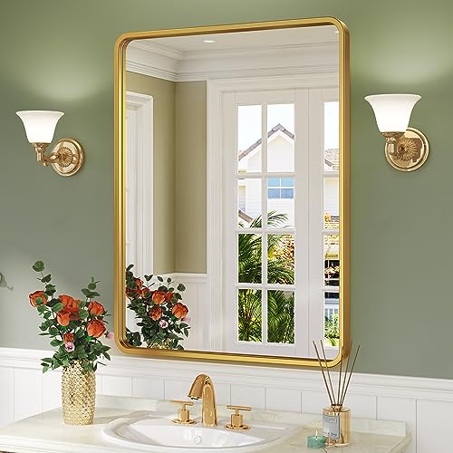 Brightify Gold Bathroom Mirror for Wall, 24x36 Inch Rectangular Gold Metal Framed Mirror, Modern Wall Mounted Vanity Mirror for Bathroom, Vertical or Horizontal