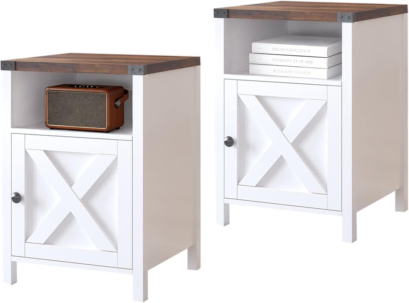 Catrimown Farmhouse Nightstand, End Table, Set of 2, White, 15.8L x 13.8W x 23.7H in