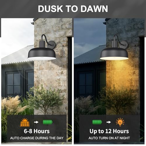 Image of Darkaway Solar Barn Light for Outdoor, Dusk to Dawn Outside Wall Lights Solar Powered, Industrial Gooseneck Black Exterior Wall Sconce for Barn Porch Garage,2 Pack