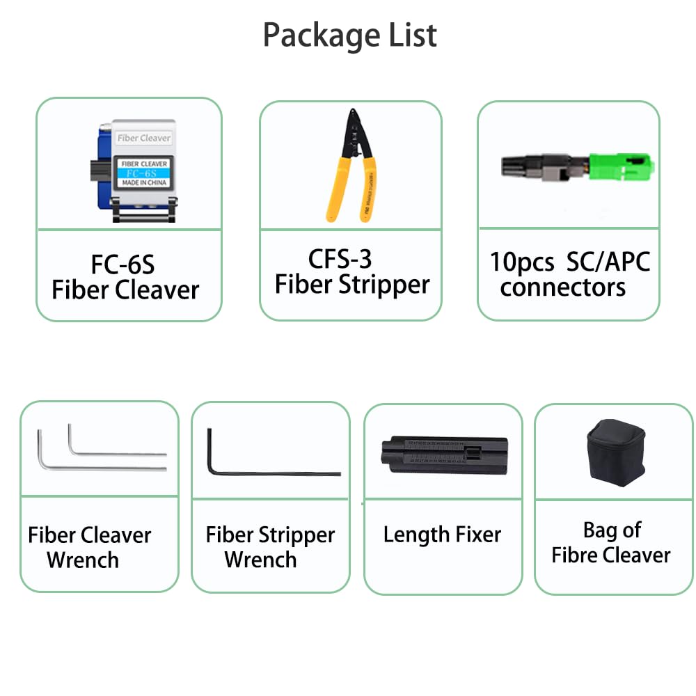 Kit de Connection à froid fibre optique, FTTH Kit Outils Fibre Optique avec SC/APC Connecteur froid rapide de Fibre Optique, FC-6S Cliveuse Fibre Optique, CFS-3 Pince à dénuder