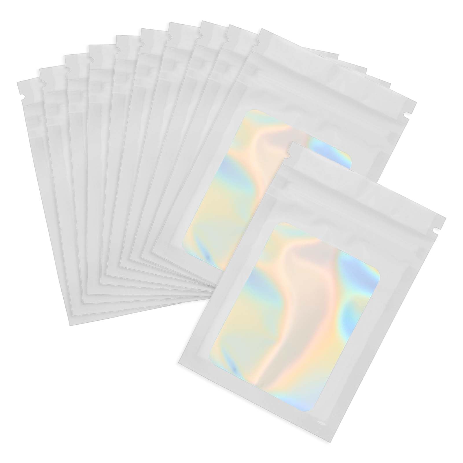 PATIKIL 7 x 10 Inch Holographic Packaging Bags, 100 Pcs Clear Window Resealable Food Storage Smell Proof Foil Pouch Bag for Small Business Party Favor Candy Jewelry, White