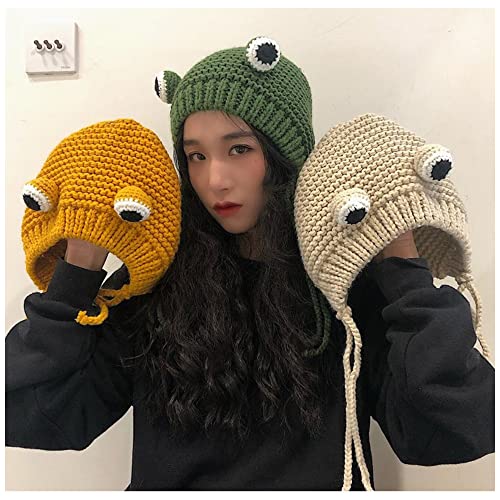 Naimo Women Crochet Knitted Frog Headband Hat Beanie Cute Cartoon Big Eyes Frog Hat Winter Warmer Earflap Cap Photo Props Yellow #TOP6