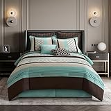 Stratford Park Bedding Striped Pintuck 8-Piece Comforter Set, Aqua Brown, King Size, All Season Bedding Set