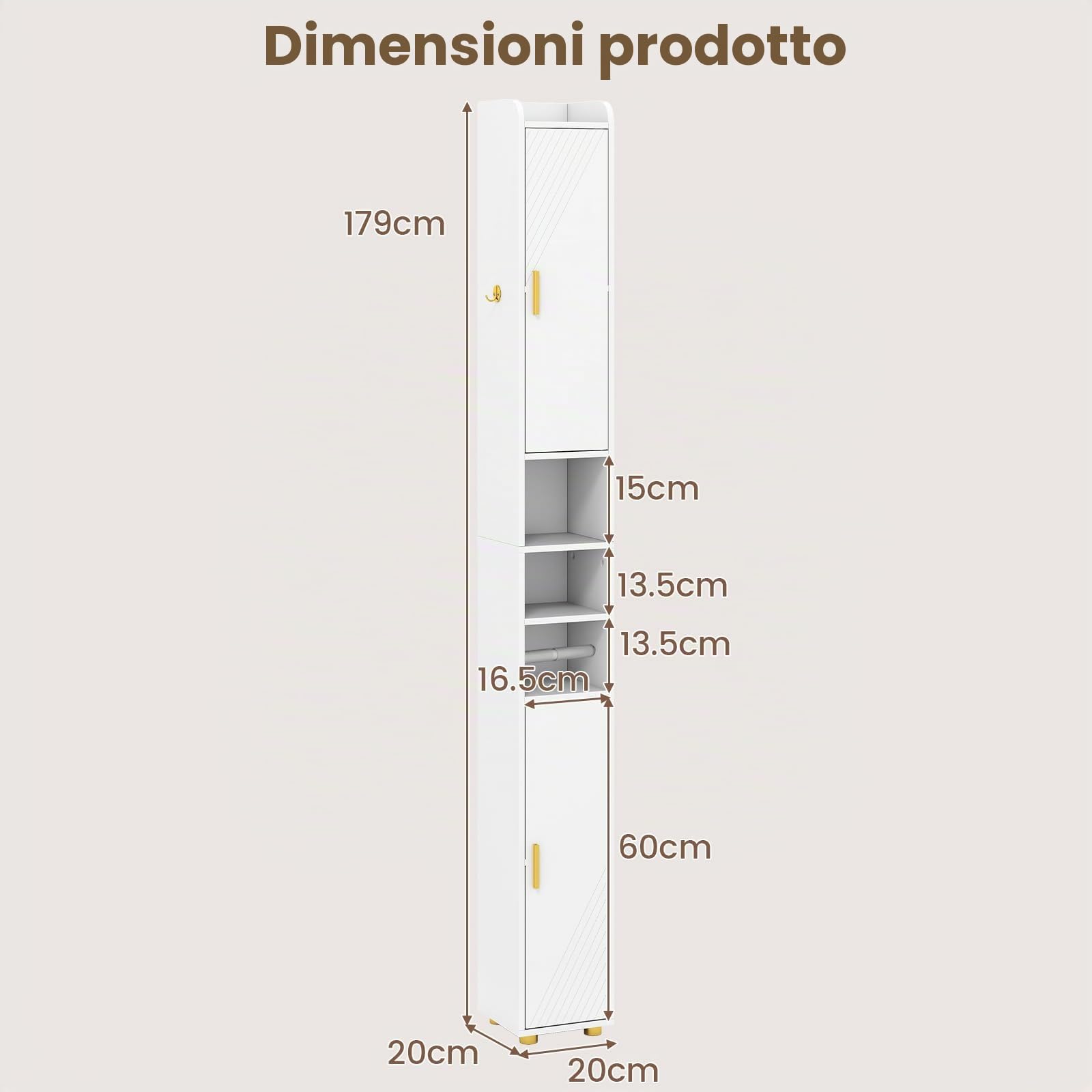 GIANTEX Armadietto da bagno da 179 cm, con 2 ante, 3 ripiani aperti, ganci e porta carta igienica, 20 x 20 cm, per ufficio, cucina e corridoio (3 ripiani, bianco)