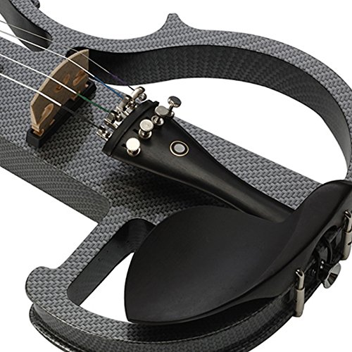 Image of Kinglos. Visual-Art Advanced Electric Violin 4 /4 Full Size Ebony Fittings | Kit Incl. Case Bow Shoulder Rest Aux Cable Spare Bridge Strings - Solid Wood Black Grid Silent Fiddle Set for Adults Beginner