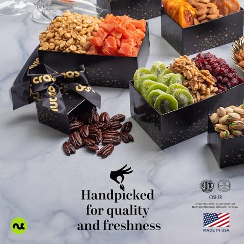 NUT CRAVINGS Gourmet Collection - Christmas Treats Tower Dried Fruit & Nuts Gift Basket with Happy Holiday Ribbon (12 Assortments) Xmas Treats Food Arrangement, Healthy Snack Care Package, Kosher