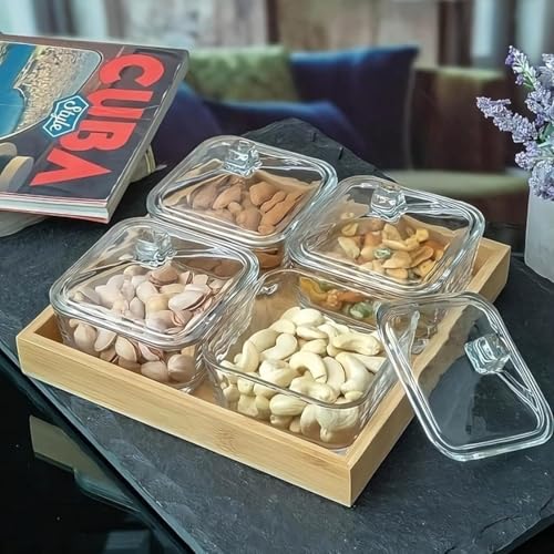 Image of 275ml Glass Serving Bowl Set of 4 with Glass Lids & Bamboo Tray | Snack Serving Bowls for Dry Fruits, Namkeen, Masala, Mukhwas | Transparent Kitchen Storage Containers