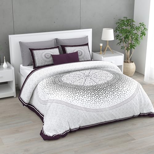 Image of 300 Thread Count Cotton Bedsheet King Size with 2 Pillow Covers | Soft & Breathable | Durable & Fade Resistant | 100 x 108 Inches (274 x 254 CM) (Printed Design) (Purple White)