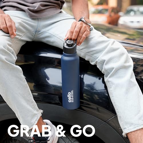 Image of CELLO Crysta Flip Stainless Steel Water Bottle 1000 ml, Navy Blue | Single Wall Freezer & Fridge Safe Lightweight Leakproof Flip lid Spillproof Rust Resistant Steel Water Bottle for School Gym Office