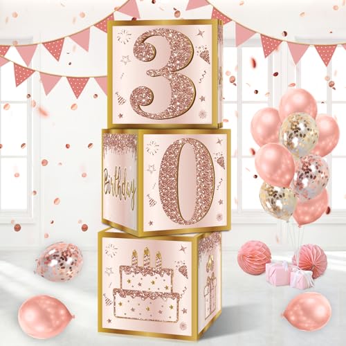 Image of Guiruiy 3Pcs 30th Birthday Decorations Boxes for Women, Pink Rose Gold 30th Birthday Balloons Boxes Party Supplies, Pink Thirty Year Old Bday Theme Cardboard Box Decor