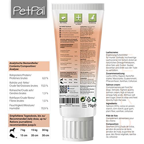 PetPäl Hunde Lachscreme “TuboSnack“ - Ohne Getreide, Salz, Zucker - Premium Leckerli aus der Tube - Lecker, gesund mit Omega Fettsäuren - Ideal auch für Welpen - 3X 75g Hunde Snack Made in Germany