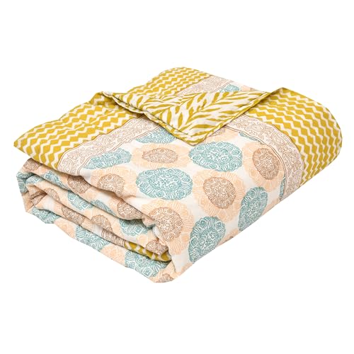 Image of BLOCKS OF INDIA Cotton Single Size Quilt Hand Block Print for Light Winters (60X90 Inches) (Green Chakri, 300 Tc)