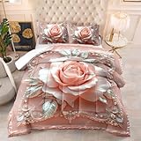 Suncloris Luxurious Silver Leaf Pink Roses Comforter Set for Kids and Adults, Queen Size Pink Floral Bedding Quilt Bedspreads with 2 Vintage Flower Style Patterned Pillowcases - 90'x90' (Pink, Queen)